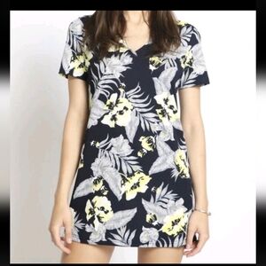 Sans Souci Floral Navy Blue Yellow Summer Mini Dress Women’s Size Large NWOT